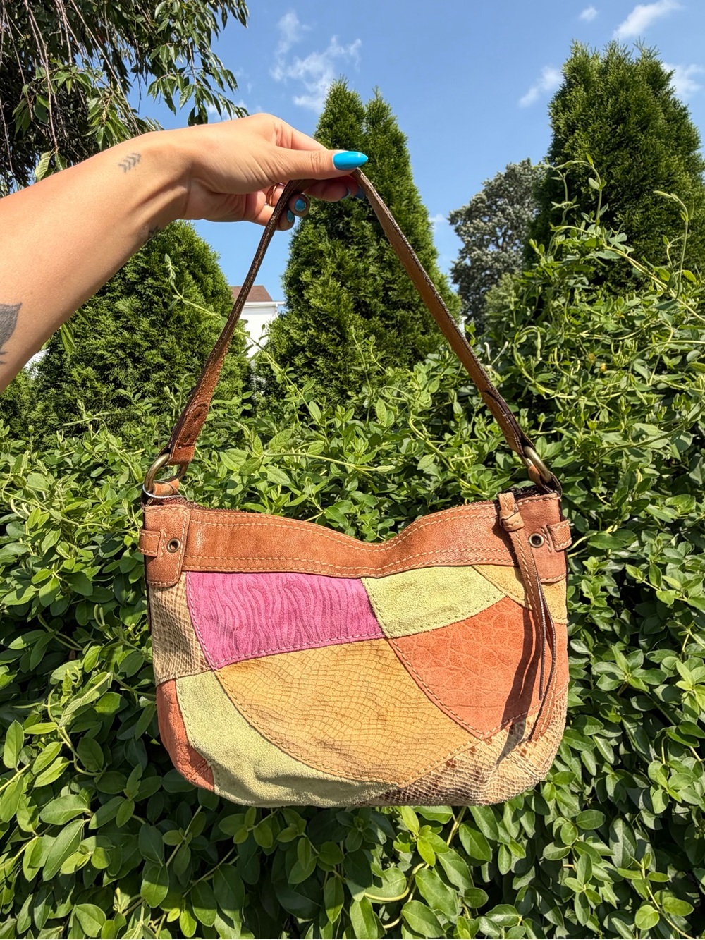 Vintage Fossil Y2K Multicolor Patchwork Bag Suede Leather Shoulder Purse